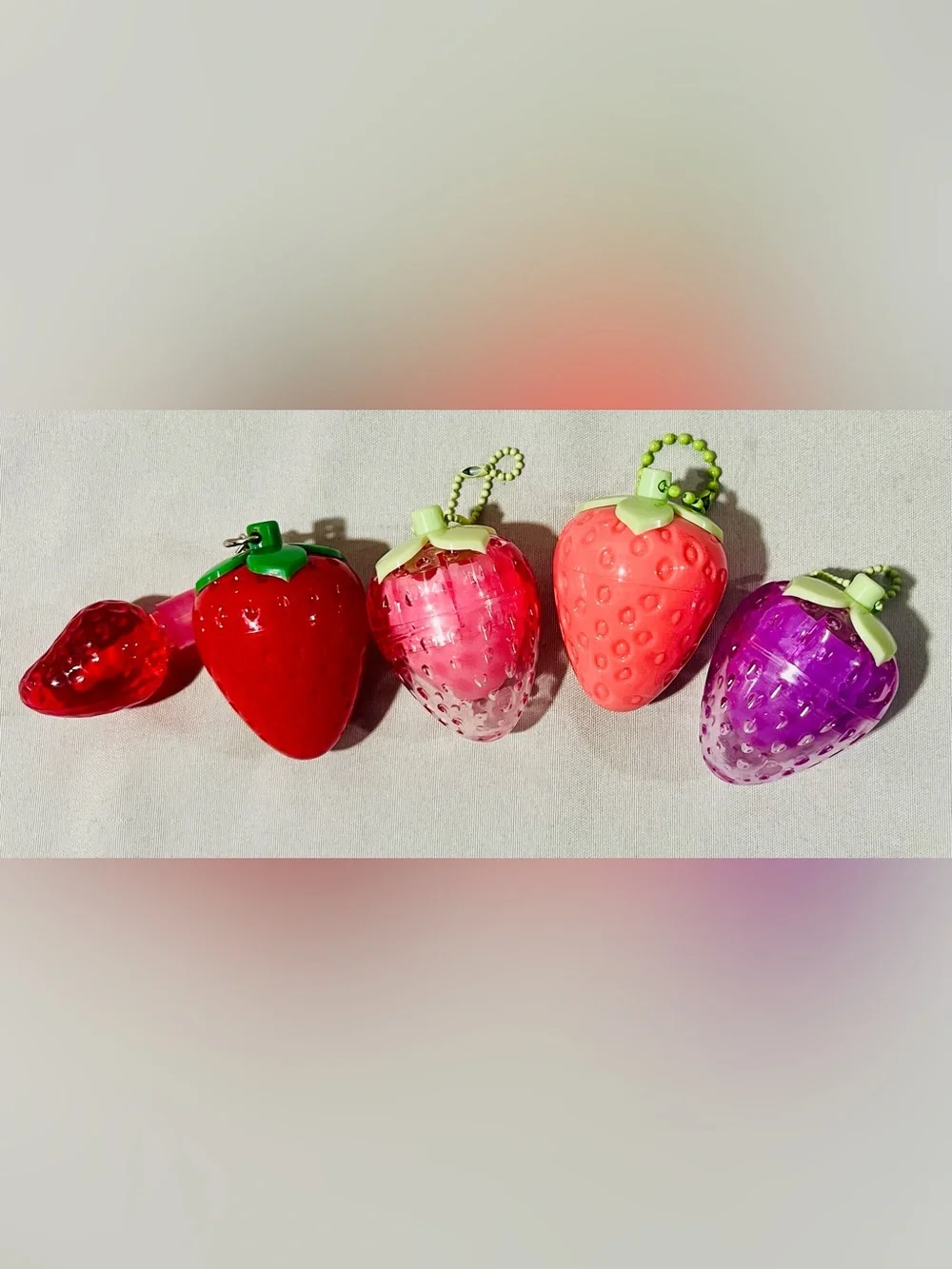4 Pack Strawberry Mini Keychain Lip Balm & Gloss - Red, Pink, Coral, Purple